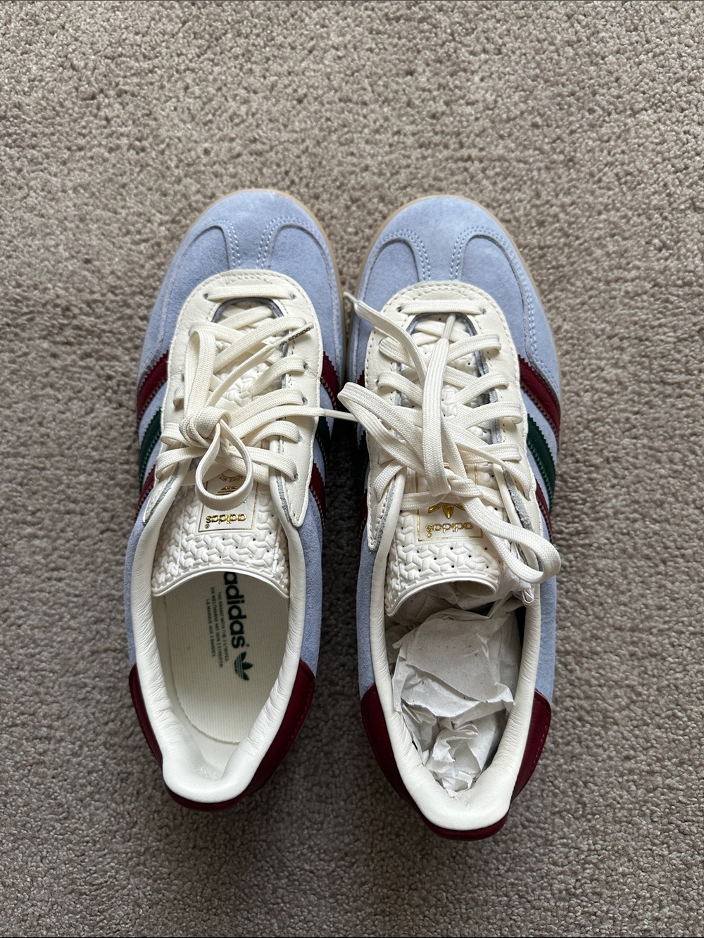 adidas Samba Suede Sneakers in Light Blue with Cream, Maroon & Green Accents